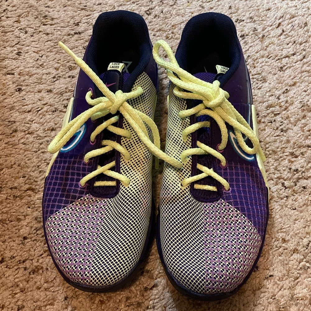 Nike Purple and Yellow Metcon 8 Amp athletic shoes